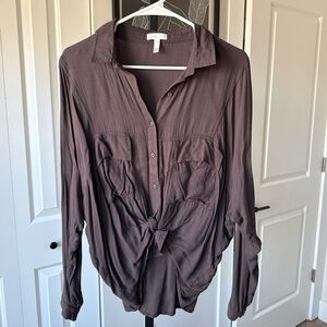 Leith Brown Long Sleeve Button Down Shirt with Tie Front